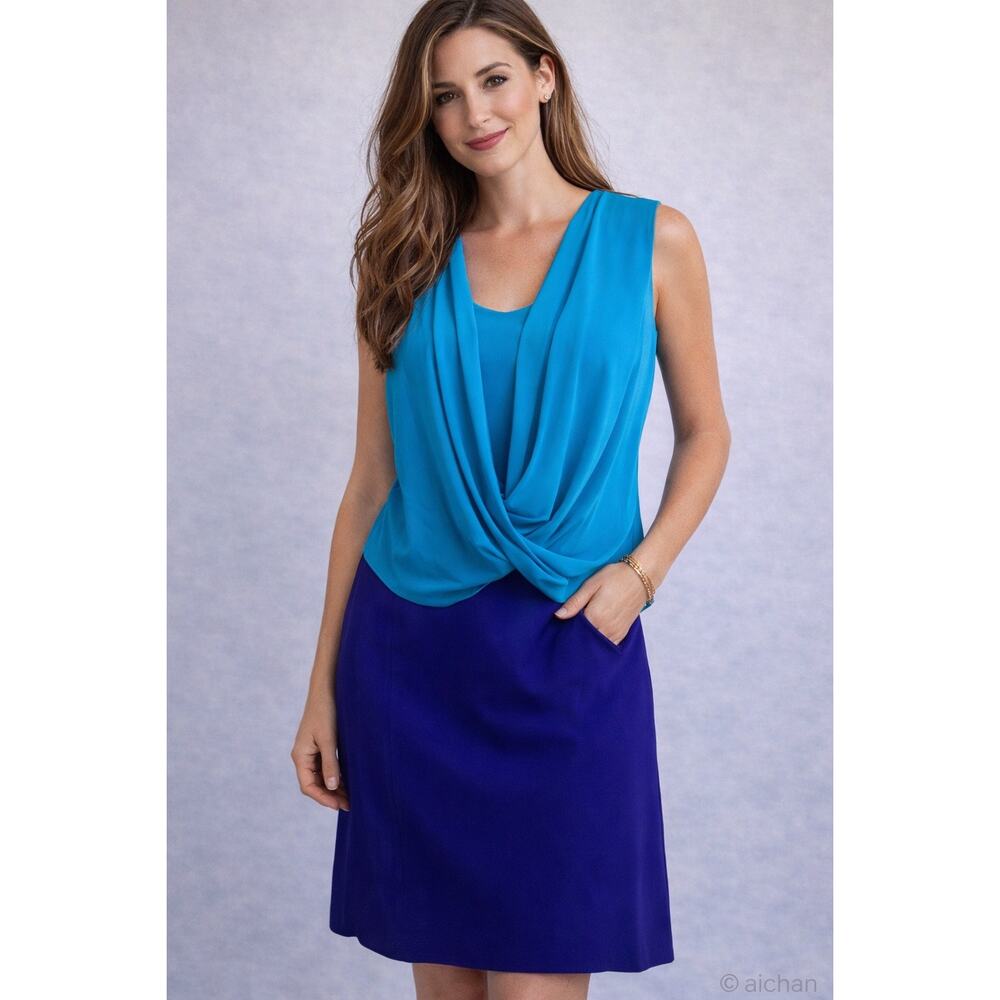Suzi Chin Maggy Boutique Chiffon Colorblock Dress Blue Teal Draped Sz 10